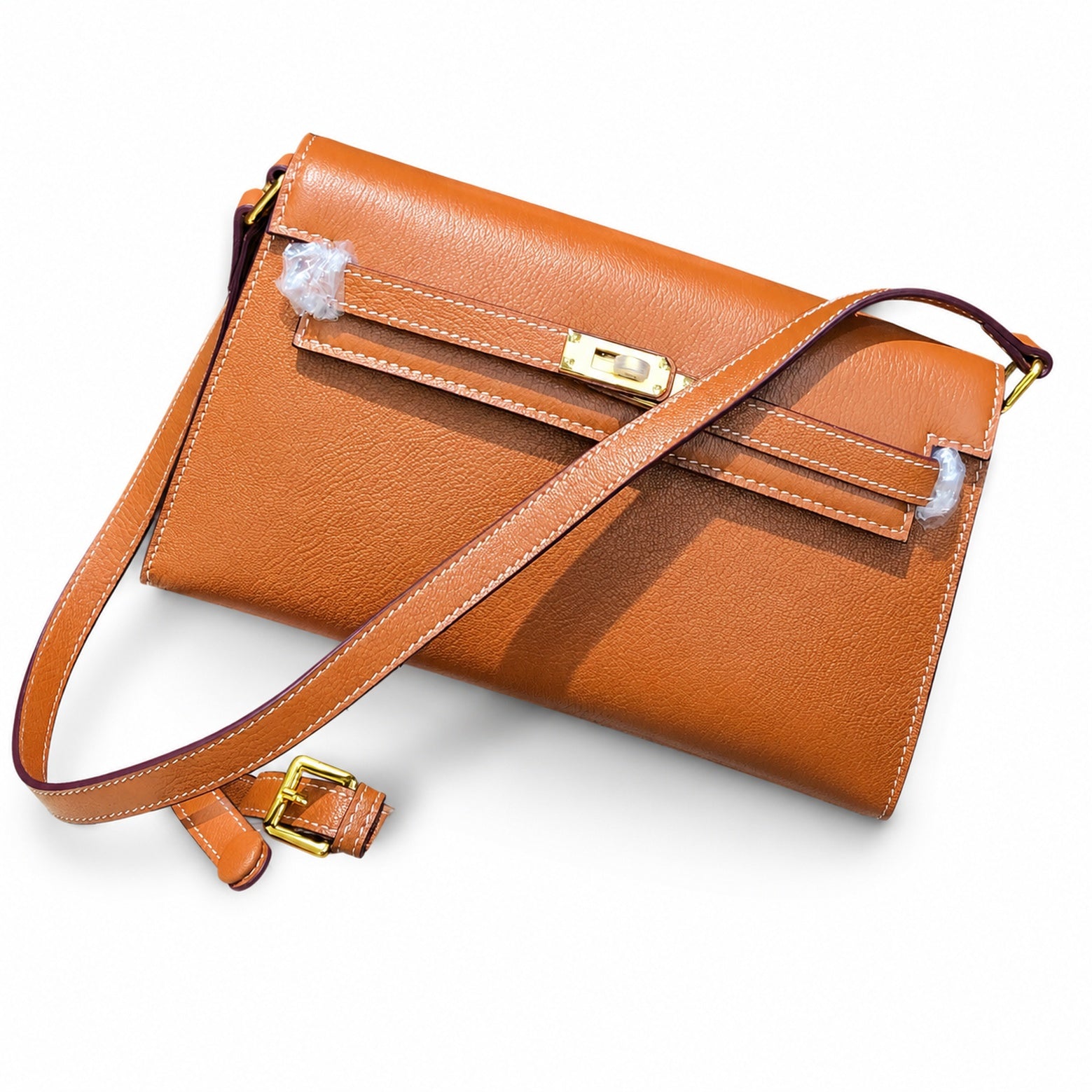 Kelly Elan 25 Top-Grain Leather Goat-Pattern Underarm Baguette Bag – Gold Buckle, Coffee Brown, 25×6.5×15cm