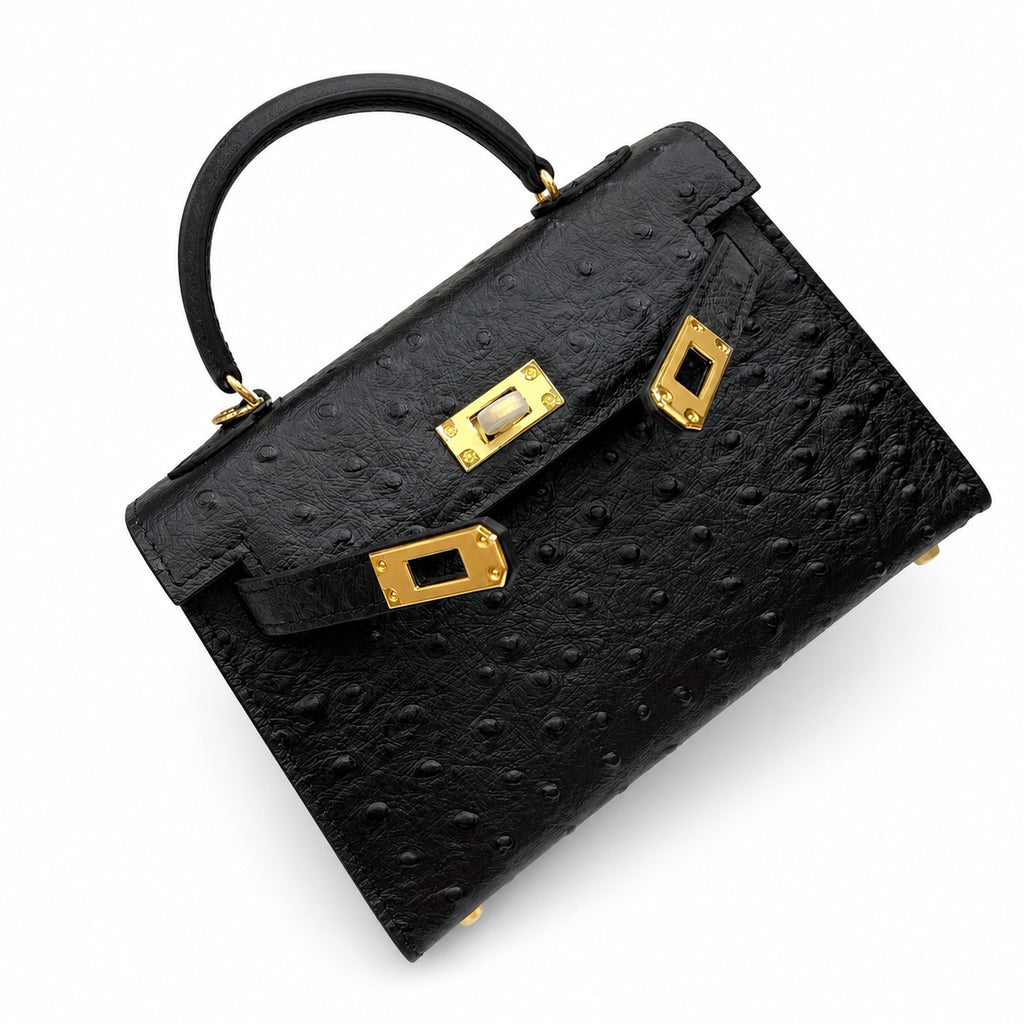 Mini Kelly Sellier 19cm Noir Ostrich Leather Gold Hardware Women Mini Handbag