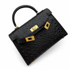Mini Kelly Sellier 19cm Noir Ostrich Leather Gold Hardware Women Mini Handbag