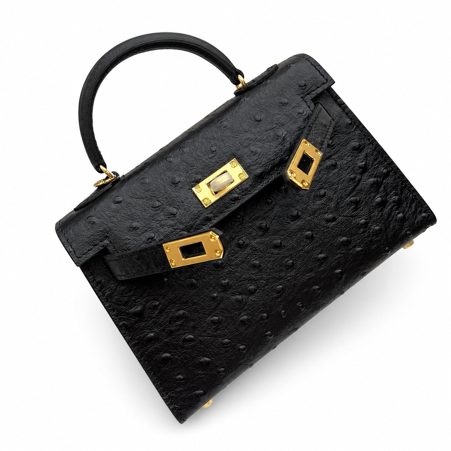 Mini Kelly Sellier 19cm Noir Ostrich Leather Gold Hardware Women Mini Handbag
