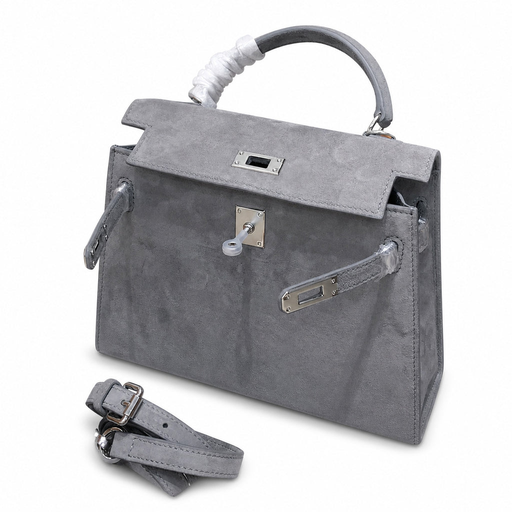 Kelly Sellier 22cm Gris Asphalte Suede Leather Palladium Hardware Women Handbag