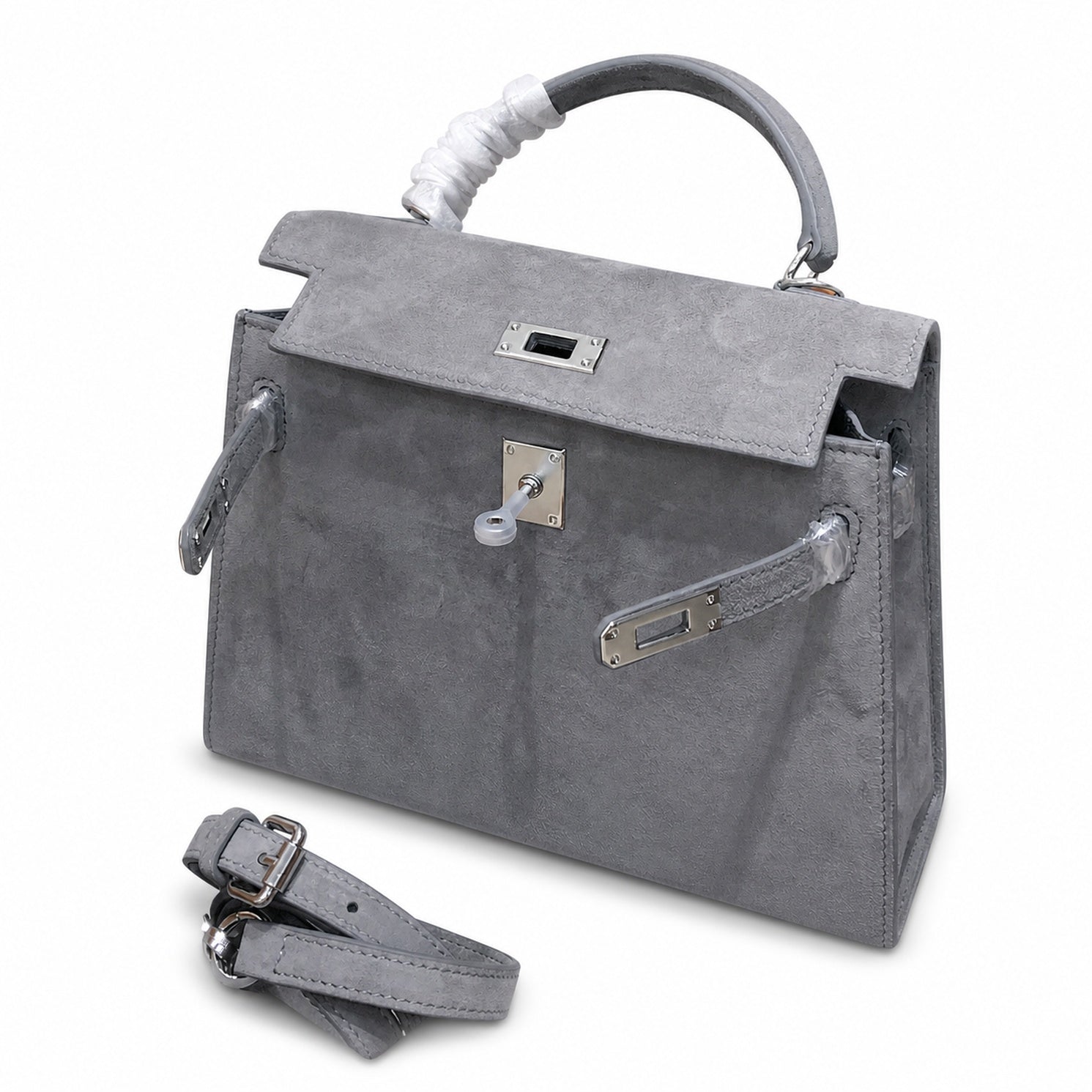 Kelly Sellier 22cm Gris Asphalte Suede Leather Palladium Hardware Women Handbag