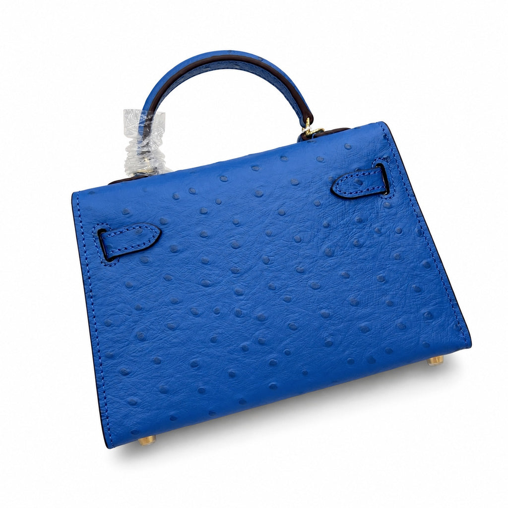 Mini Kelly II 19cm Sellier Bleu Electrique Ostrich Gold Hardware Luxury Crossbody Handbag