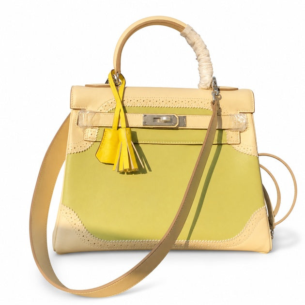 Kelly Sellier Ghillies 28cm Craie & Vert Pomme Barenia Leather Palladium Hardware Women Handbag