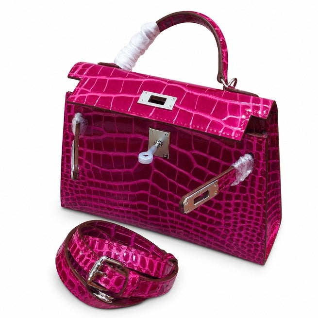 Kelly Sellier 19cm Fuchsia Shiny Crocodile Leather Gold Hardware & Palladium Hardware Women Handbag