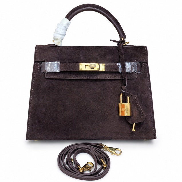 Mini Kelly Sellier 22cm Ebene Suede Leather Gold Hardware Women Mini Handbag
