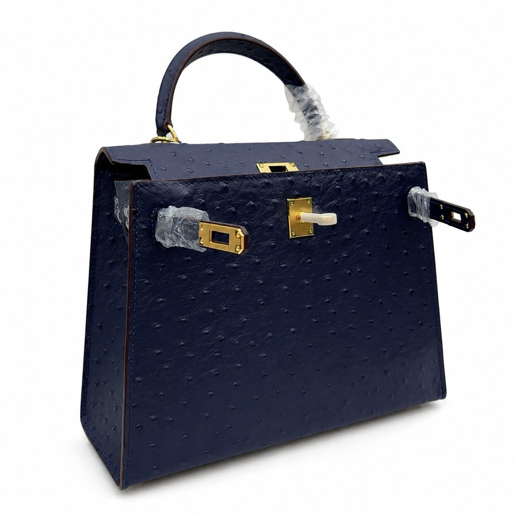 elly Sellier 25cm Bleu Nuit Ostrich Gold Hardware Luxury Commute Handbag