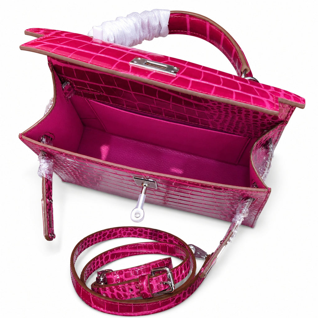 Kelly Sellier 22cm  Fuchsia Shiny Crocodile Leather Gold Hardware & Palladium Hardware Women Handbag