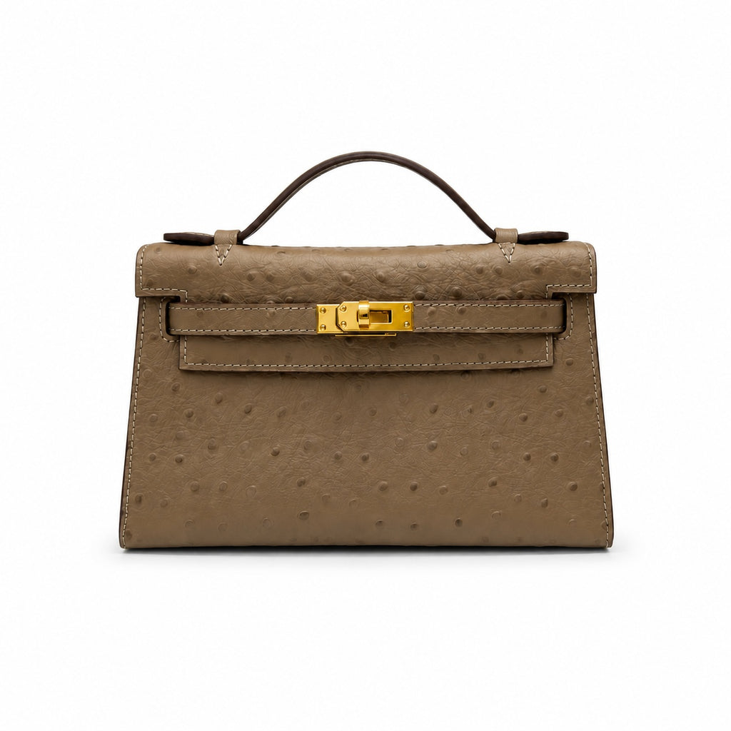 Mini Kelly II Sellier 19cm & 22cm Etoupe Ostrich Leather Gold Hardware Women Mini Handbag