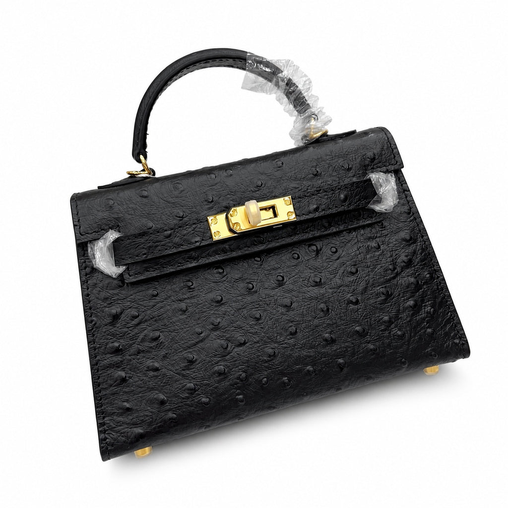 Mini Kelly Sellier 19cm Noir Ostrich Leather Gold Hardware Women Mini Handbag