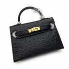 Mini Kelly Sellier 19cm Noir Ostrich Leather Gold Hardware Women Mini Handbag
