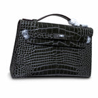 Kelly Pochette Gris Elephant Shiny Niloticus Crocodile Leather Palladium Hardware & Palladium Hardware Women Clutch Bag