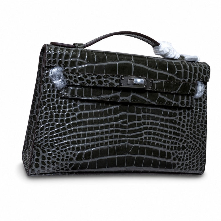 Kelly Pochette Gris Elephant Shiny Niloticus Crocodile Leather Palladium Hardware & Palladium Hardware Women Clutch Bag
