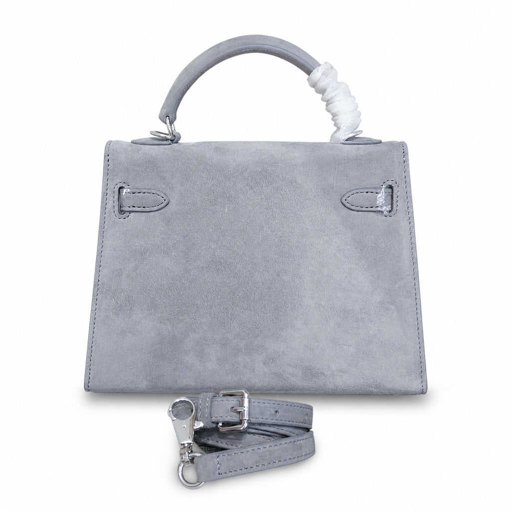 Kelly Sellier 22cm Gris Asphalte Suede Leather Palladium Hardware Women Handbag