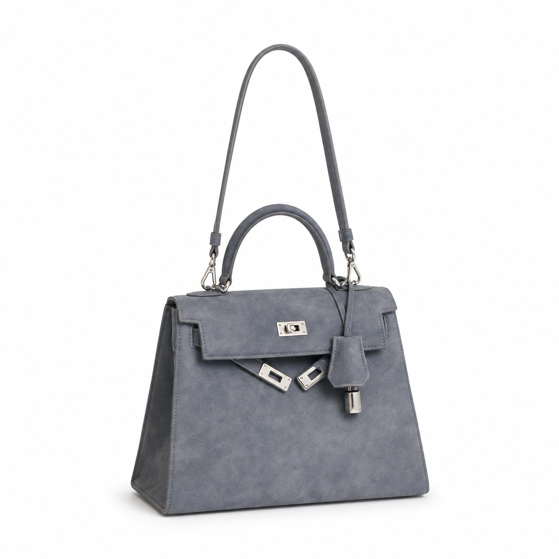Kelly Sellier 22cm Gris Asphalte Suede Leather Palladium Hardware Women Handbag