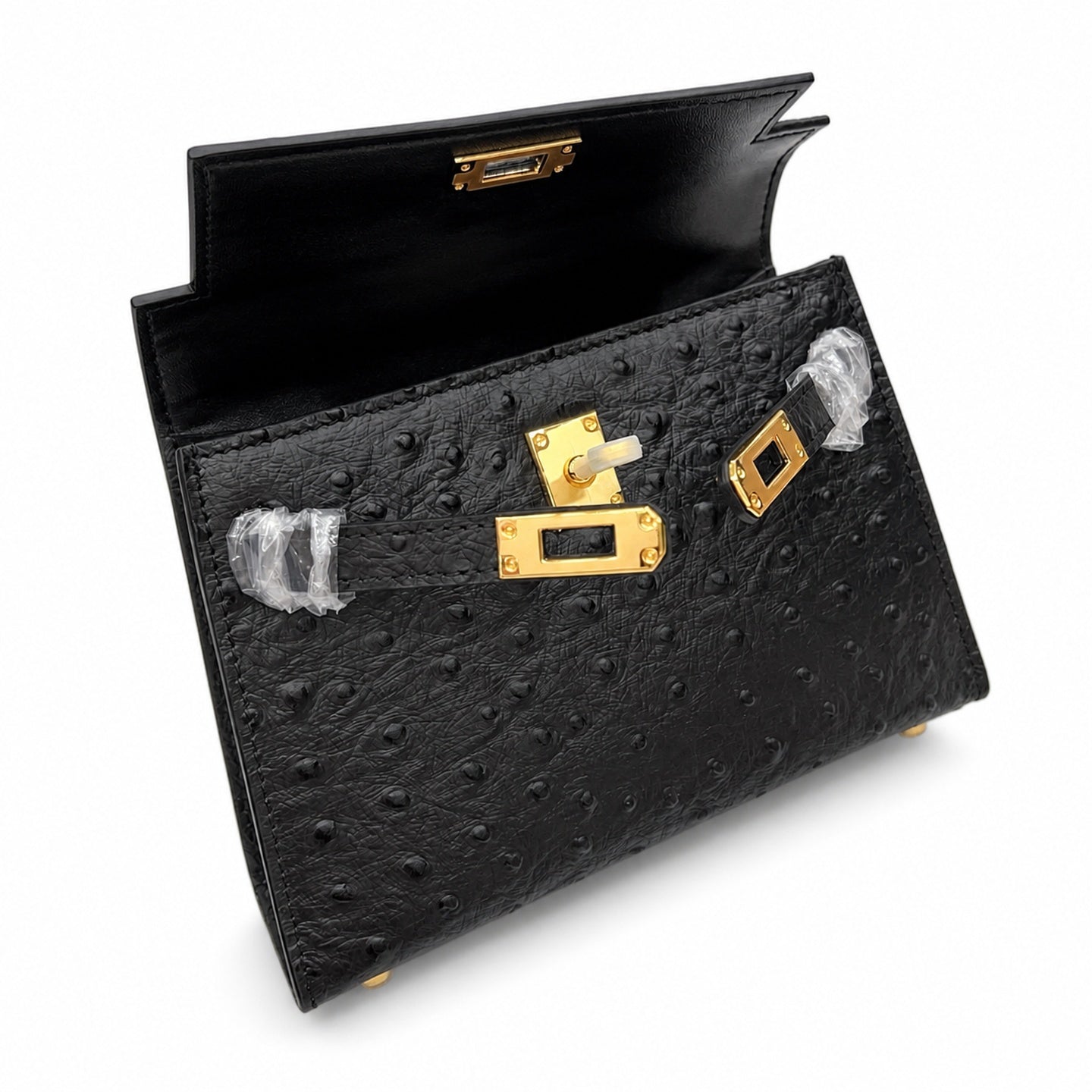 Mini Kelly Sellier 19cm Noir Ostrich Leather Gold Hardware Women Mini Handbag