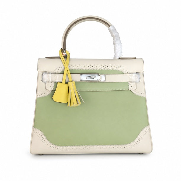 Kelly Sellier Ghillies 28cm Craie & Vert Pomme Barenia Leather Palladium Hardware Women Handbag