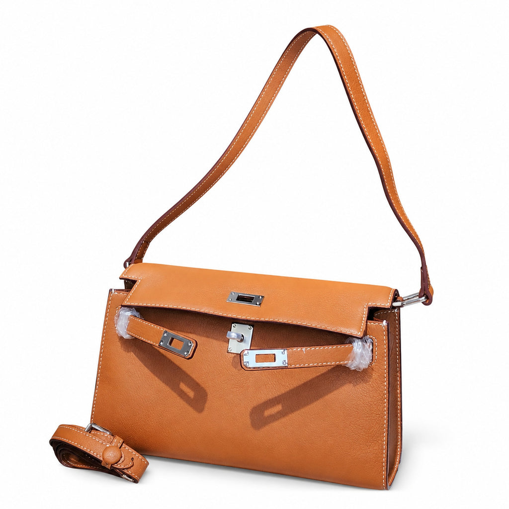 Kelly Elan 25 Underarm Baguette Bag, Genuine Top Layer Cowhide Goat Grain Leather, Silver Hardware Caramel Brown Shoulder Purse, Vintage Classic Fall Winter Must-Have Handbag Size 25×6.5×15cm
