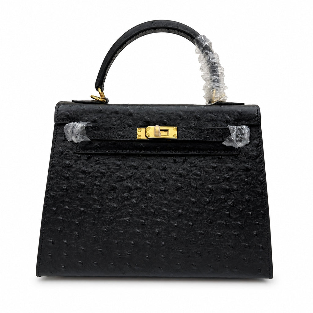 Kelly Sellier 25cm Noir Black Ostrich Gold Hardware Designer Shoulder Tote