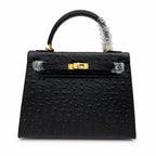 Kelly Sellier 25cm Noir Black Ostrich Gold Hardware Designer Shoulder Tote