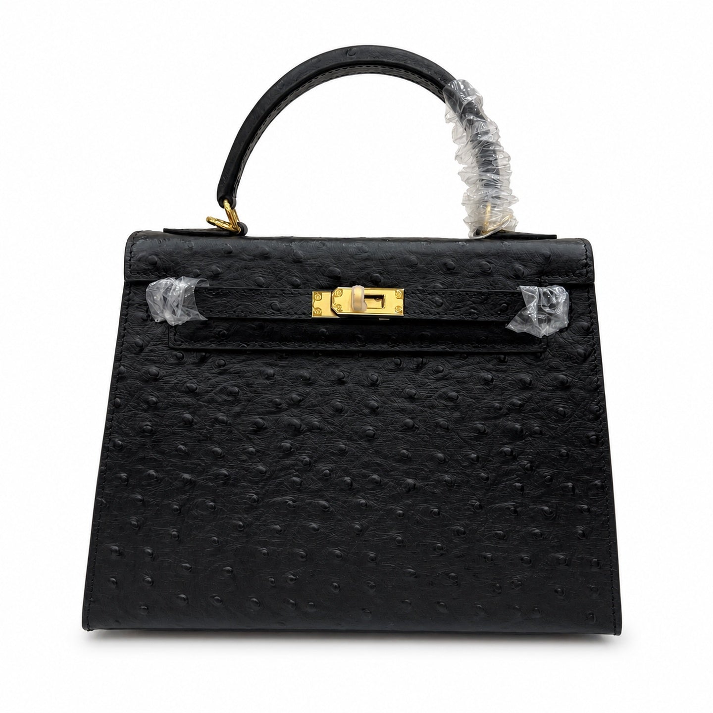 Kelly Sellier 25cm Noir Black Ostrich Gold Hardware Designer Shoulder Tote