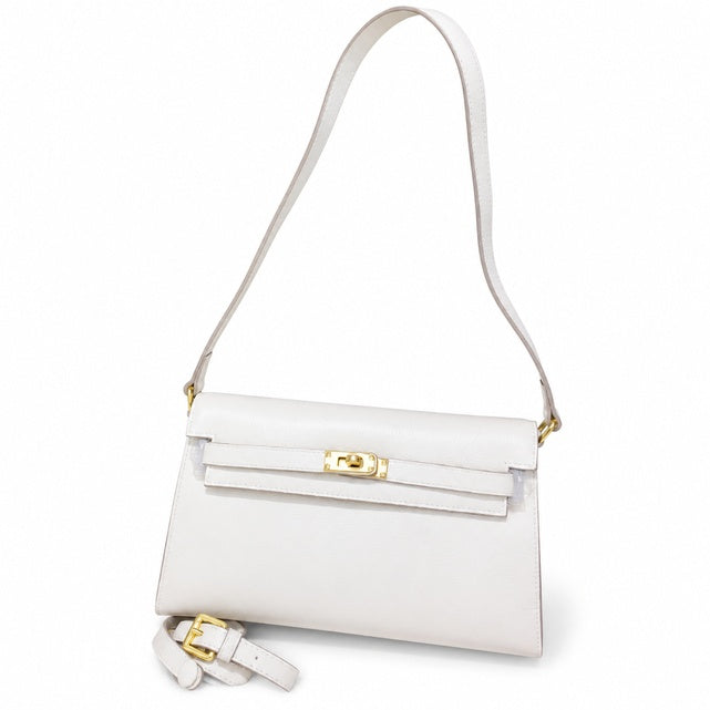 Kelly Elan 25 Underarm Baguette Bag, Genuine Top Layer Cowhide with Goat Grain, Gold Hardware Minimalist Off White Shoulder Handbag, Size 25×6.5×15cm Elegant Soft Tone Daily Purse for Women