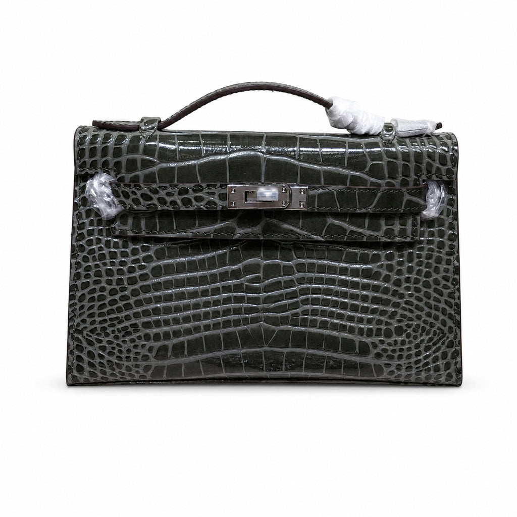 Kelly Pochette Gris Elephant Shiny Niloticus Crocodile Leather Palladium Hardware & Palladium Hardware Women Clutch Bag