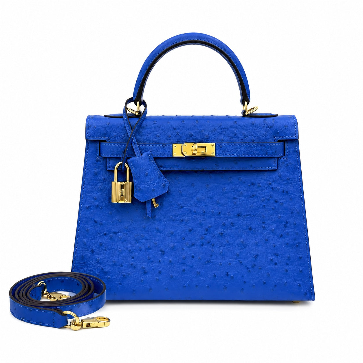 Kelly Sellier 25cm Bleu Electrique Ostrich Gold Hardware Premium Crossbody Purse