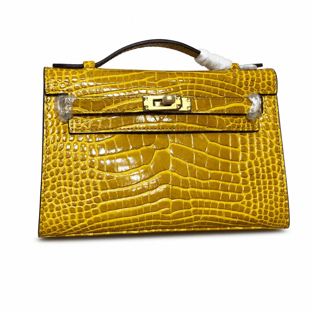 Kelly Pochette Jaune Ambre Shiny Niloticus Crocodile Leather Palladium Hardware Women Clutch Bag