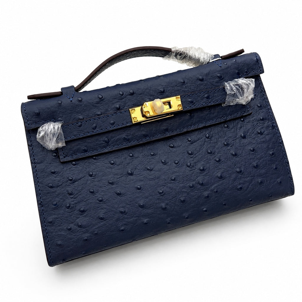 Mini Kelly Sellier 22cm Bleu Nuit Ostrich Leather Gold Hardware Women Mini Handbag