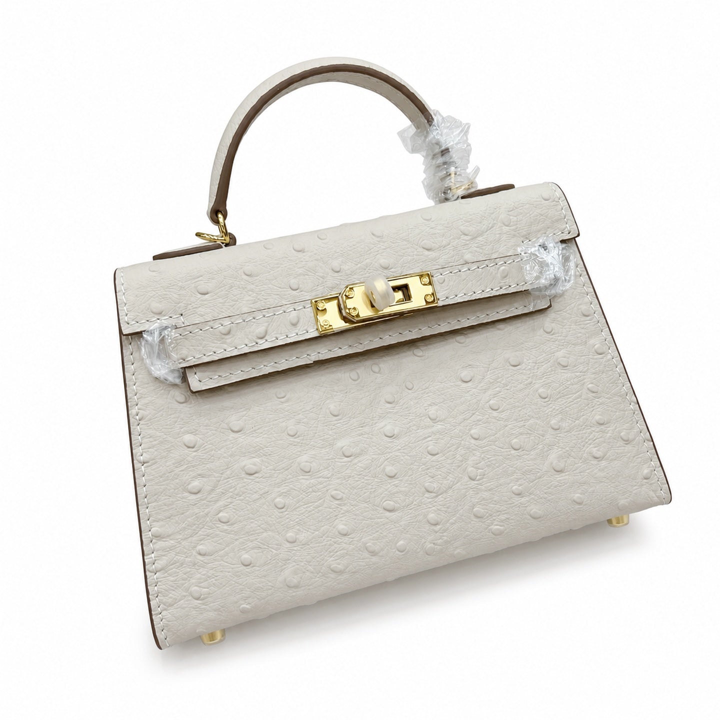 Mini Kelly II 19cm Sellier Craie Ostrich Gold Hardware Premium Women Daily Handbag