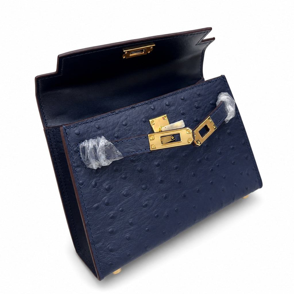 Mini Kelly Sellier 19cm Bleu Nuit Ostrich Leather Gold Hardware Women Mini Handbag