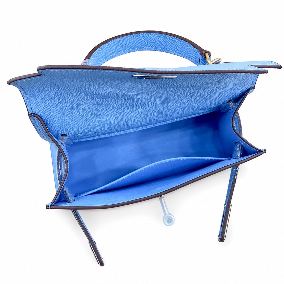 Mini Kelly II Sellier 19cm & 22cm Bleu Brume Epsom Leather Palladium Hardware Women Mini Handbag