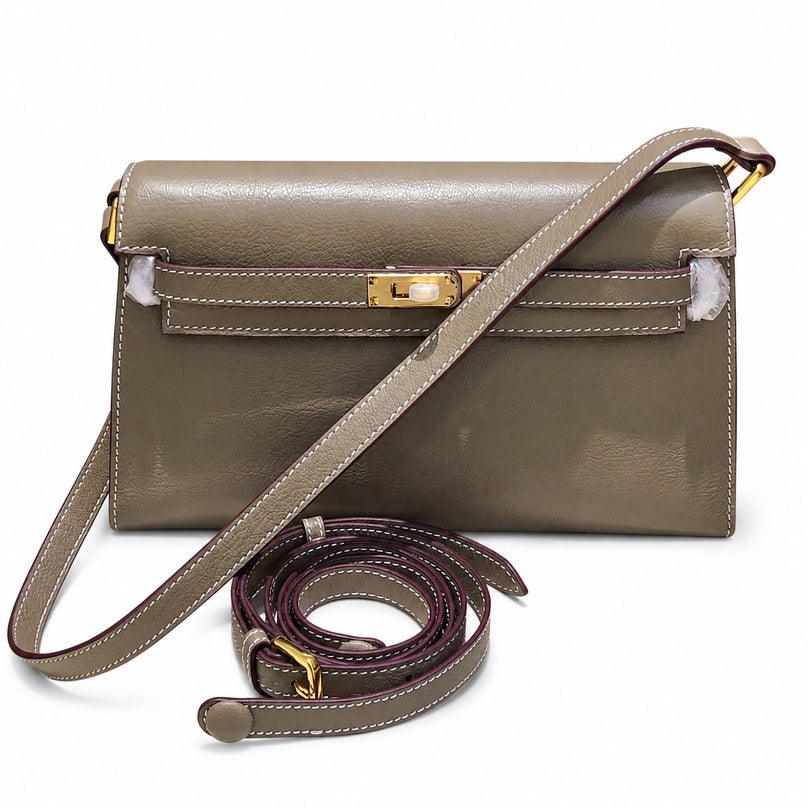 Kelly Elan 25 Genuine Goat Grain Top Layer Cowhide Shoulder Bag, Gold Hardware Neutral Khaki Faux Kelly Baguette Underarm Bag, 25×6.5×15cm Elegant Commute Handbag for Women All Season Match