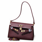 Kelly Elan 25 Underarm Baguette Bag, Genuine Top Layer Cowhide Goat Grain Leather, Gold Hardware Havane Brown Shoulder Purse, Low-key Old Money Vintage Style Daily Handbag Size 25×6.5×15cm