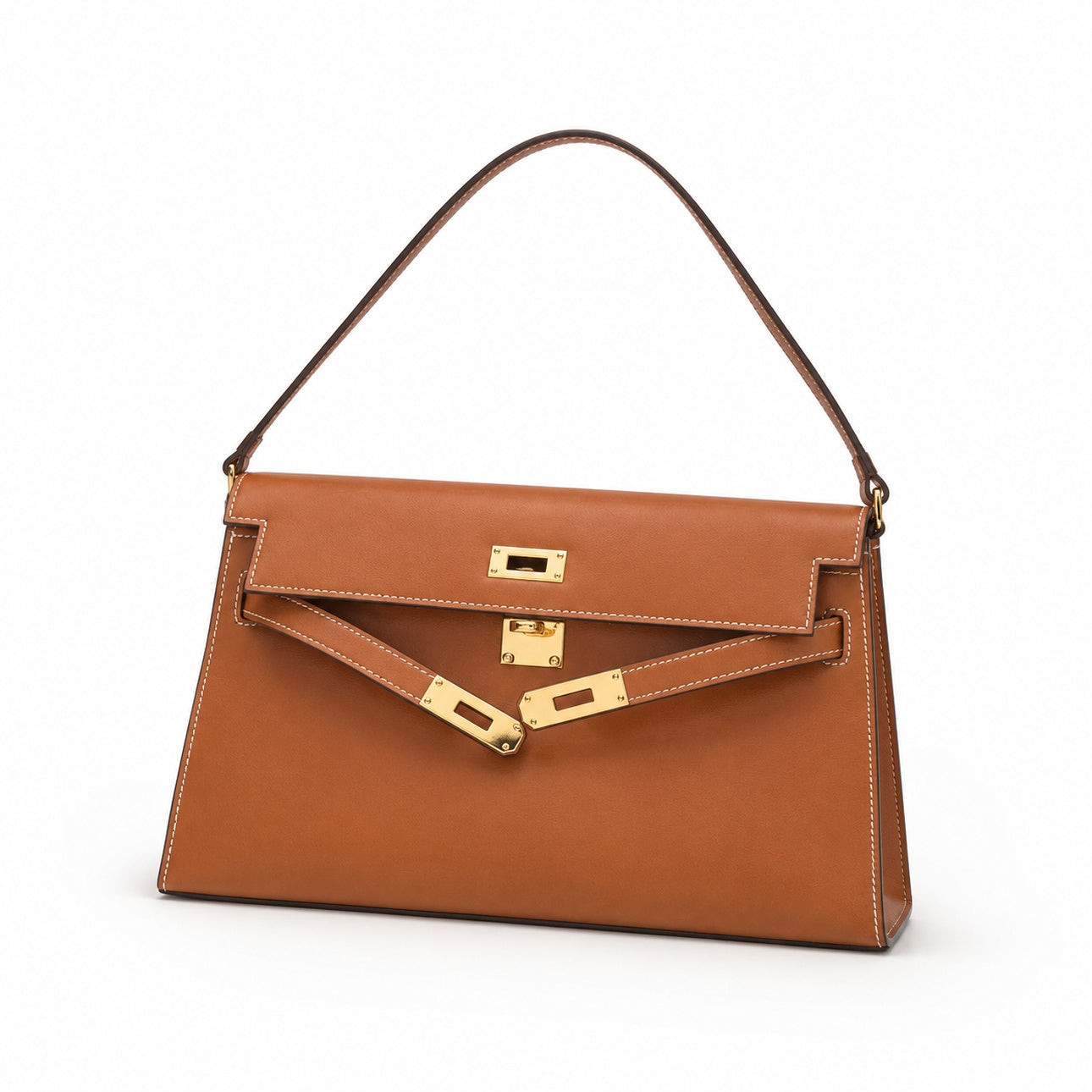 Kelly Elan 25 Top-Grain Leather Goat-Pattern Underarm Baguette Bag – Gold Buckle, Coffee Brown, 25×6.5×15cm