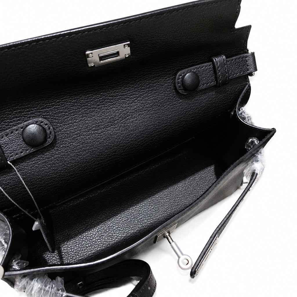 Kelly Elan 25 Underarm Baguette Bag, Genuine Top Layer Cowhide Goat Grain Leather, Silver Hardware Black Unisex Shoulder Purse, Multiway Crossbody Handheld Daily Bag, High Practical Daily Bag Size 25×6.5×15cm