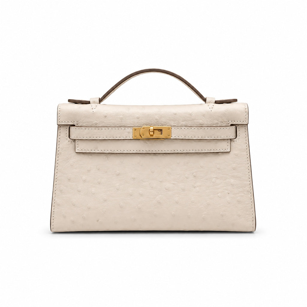 Mini Kelly II Sellier 19cm & 22cm Craie Ostrich Leather Gold Hardware Women Mini Handbag