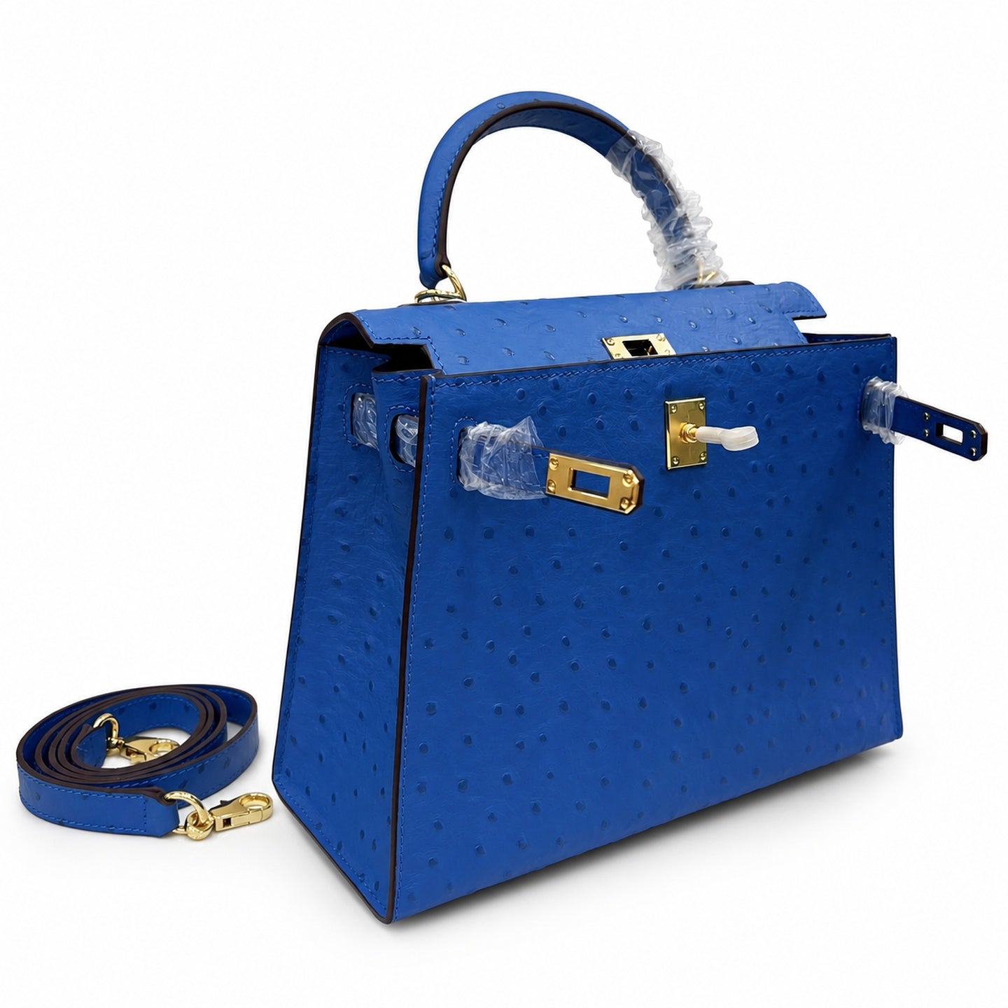 Kelly Sellier 25cm Bleu Electrique Ostrich Gold Hardware Premium Crossbody Purse