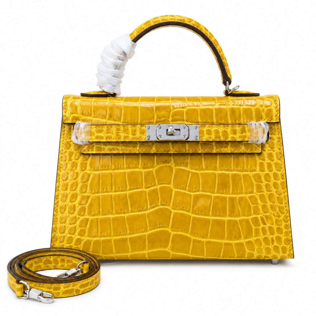 Kelly Sellier 19cm Jaune Ambre Shiny Crocodile Leather Gold Hardware & Palladium Hardware Women Handbag