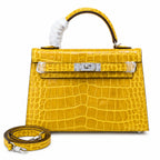 Kelly Sellier 19cm Jaune Ambre Shiny Crocodile Leather Gold Hardware & Palladium Hardware Women Handbag