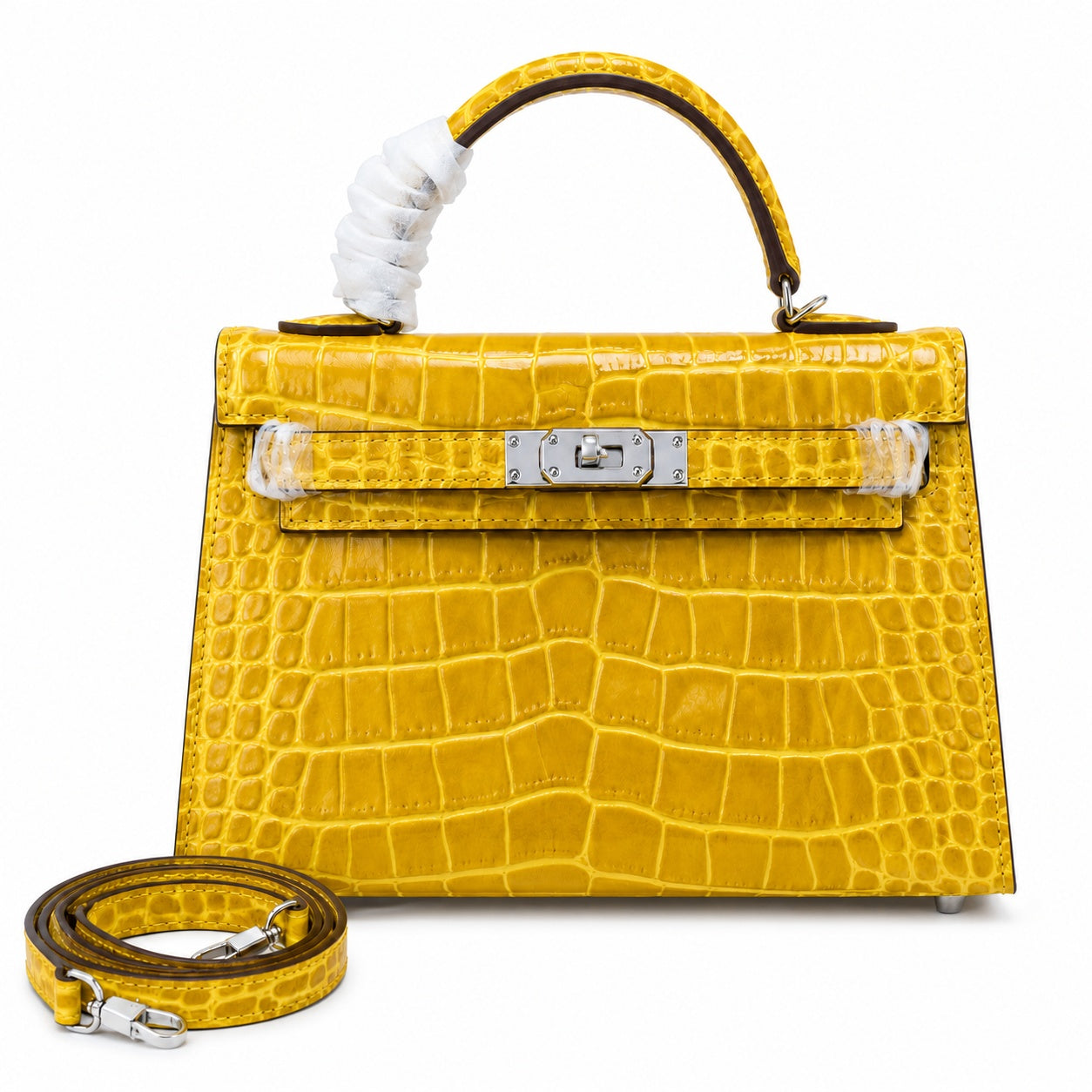 Kelly Sellier 19cm Jaune Ambre Shiny Crocodile Leather Gold Hardware & Palladium Hardware Women Handbag