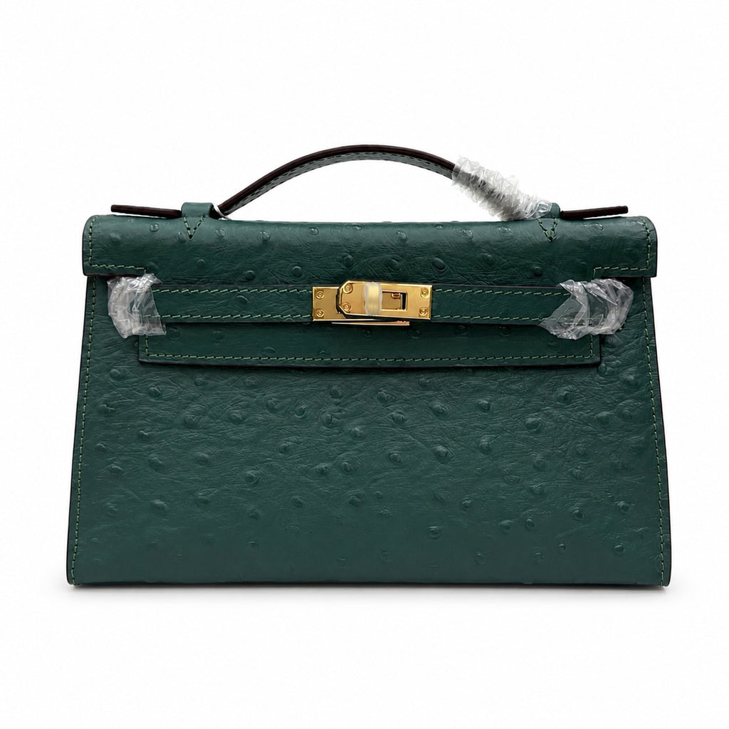 Mini Kelly II Sellier 19cm & 22cm Vert Fonce Ostrich Leather Gold Hardware Women Mini Handbag