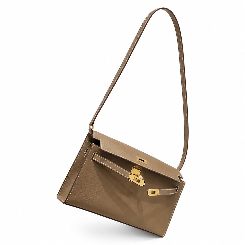 Kelly Elan 25 Genuine Goat Grain Top Layer Cowhide Shoulder Bag, Gold Hardware Neutral Khaki Faux Kelly Baguette Underarm Bag, 25×6.5×15cm Elegant Commute Handbag for Women All Season Match