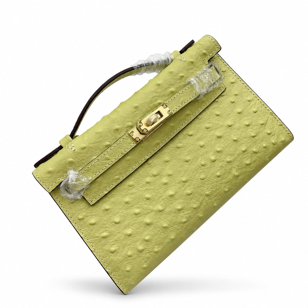 Mini Kelly II Sellier 19cm & 22cm Jaune Citron Ostrich Leather Gold Hardware Women Mini Handbag
