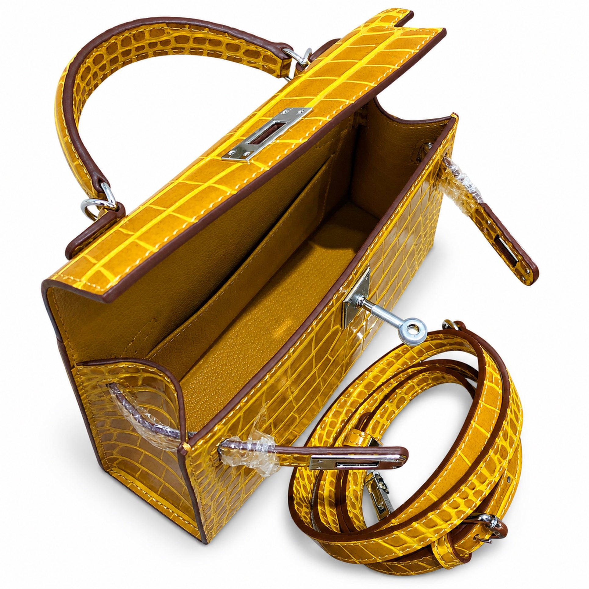 Kelly Sellier 19cm Jaune Ambre Shiny Crocodile Leather Gold Hardware & Palladium Hardware Women Handbag