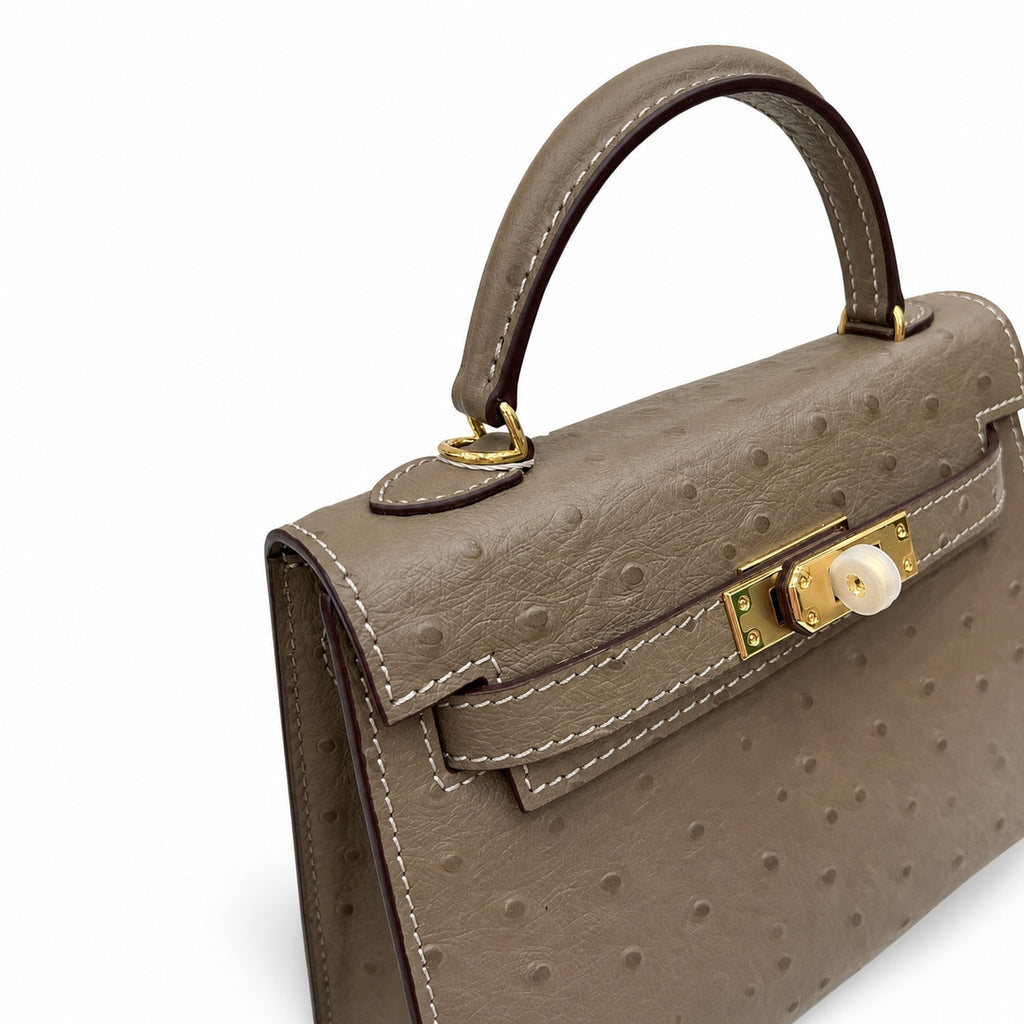 Mini Kelly II 19cm Sellier Etoupe Ostrich Gold Hardware Designer Mini Shoulder Purse