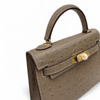 Mini Kelly II 19cm Sellier Etoupe Ostrich Gold Hardware Designer Mini Shoulder Purse