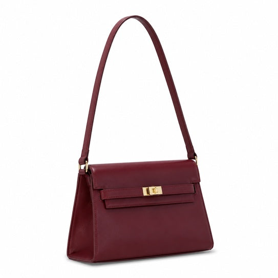 Kelly Elan 25 Underarm Baguette Bag, Genuine Top Layer Cowhide Goat Grain Leather, Gold Hardware Vintage Wine Red Shoulder Handbag, Elegant Luxury Quiet Glam Daily Purse Size 25×6.5×15cm