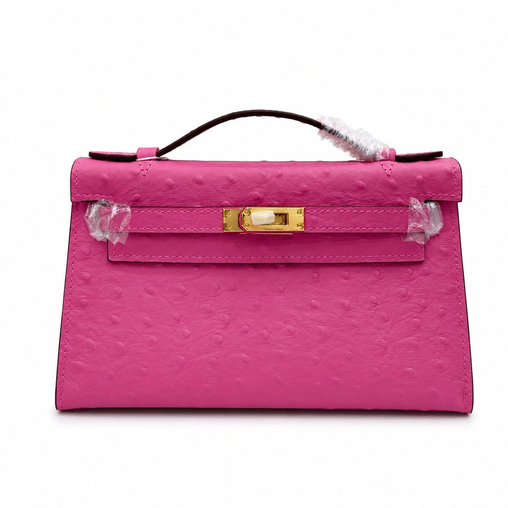 Mini Kelly Sellier 22cm Rose Tyrien Ostrich Leather Gold Hardware Women Mini Handbag